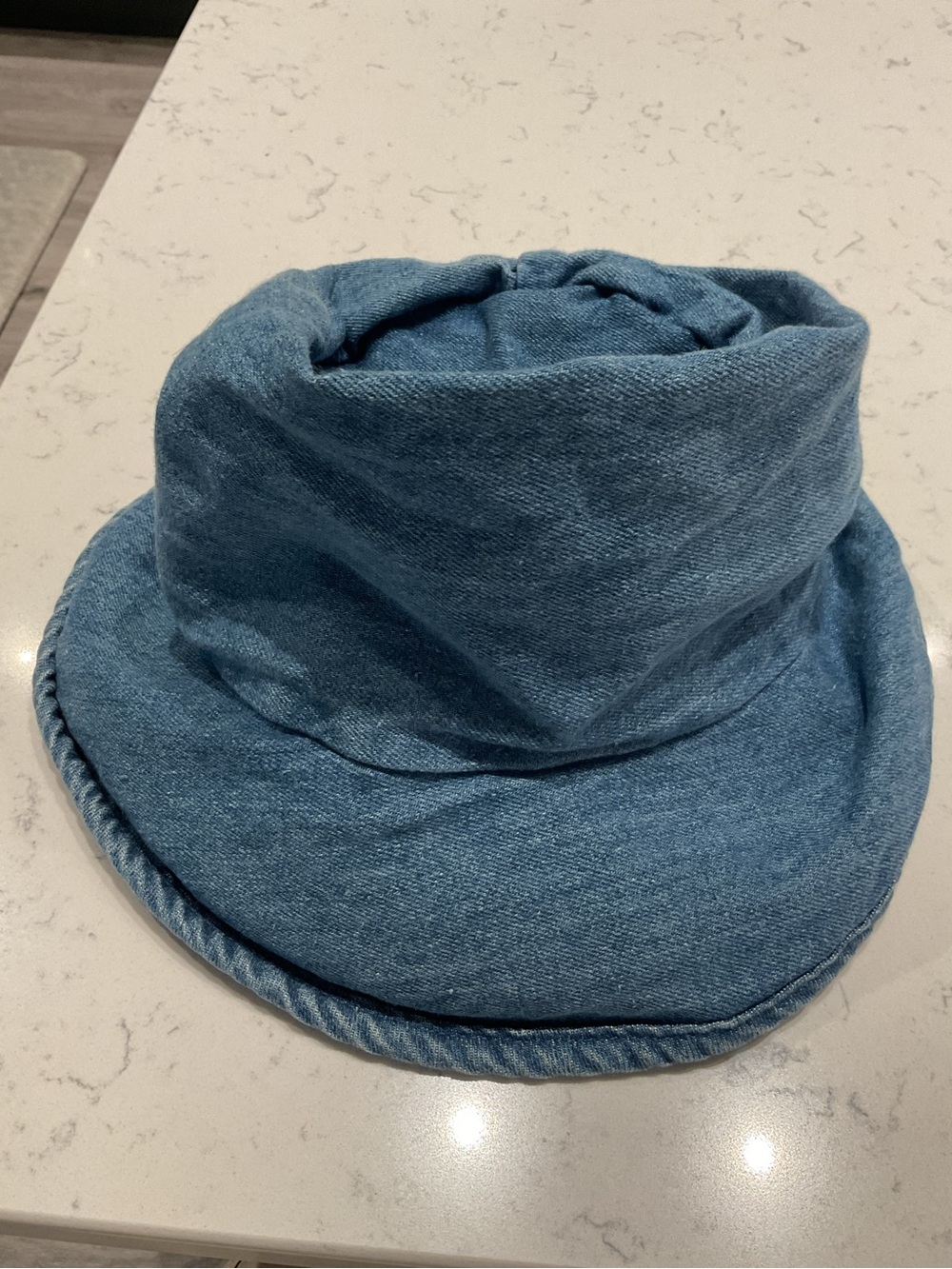 ***Fersten Blue Denim Bucket Hat with Ruching .